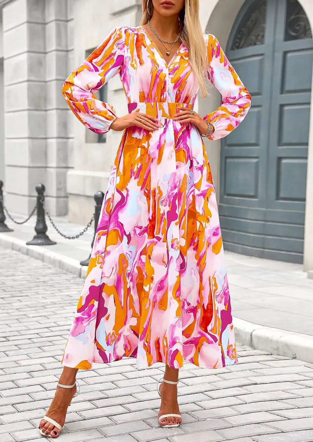 PRETTYGARDEN Women's Spring Floral Midi Dress Fall Long Sleeve V Neck Flowy Casual Beach Vacation Wedding Guest Dresses