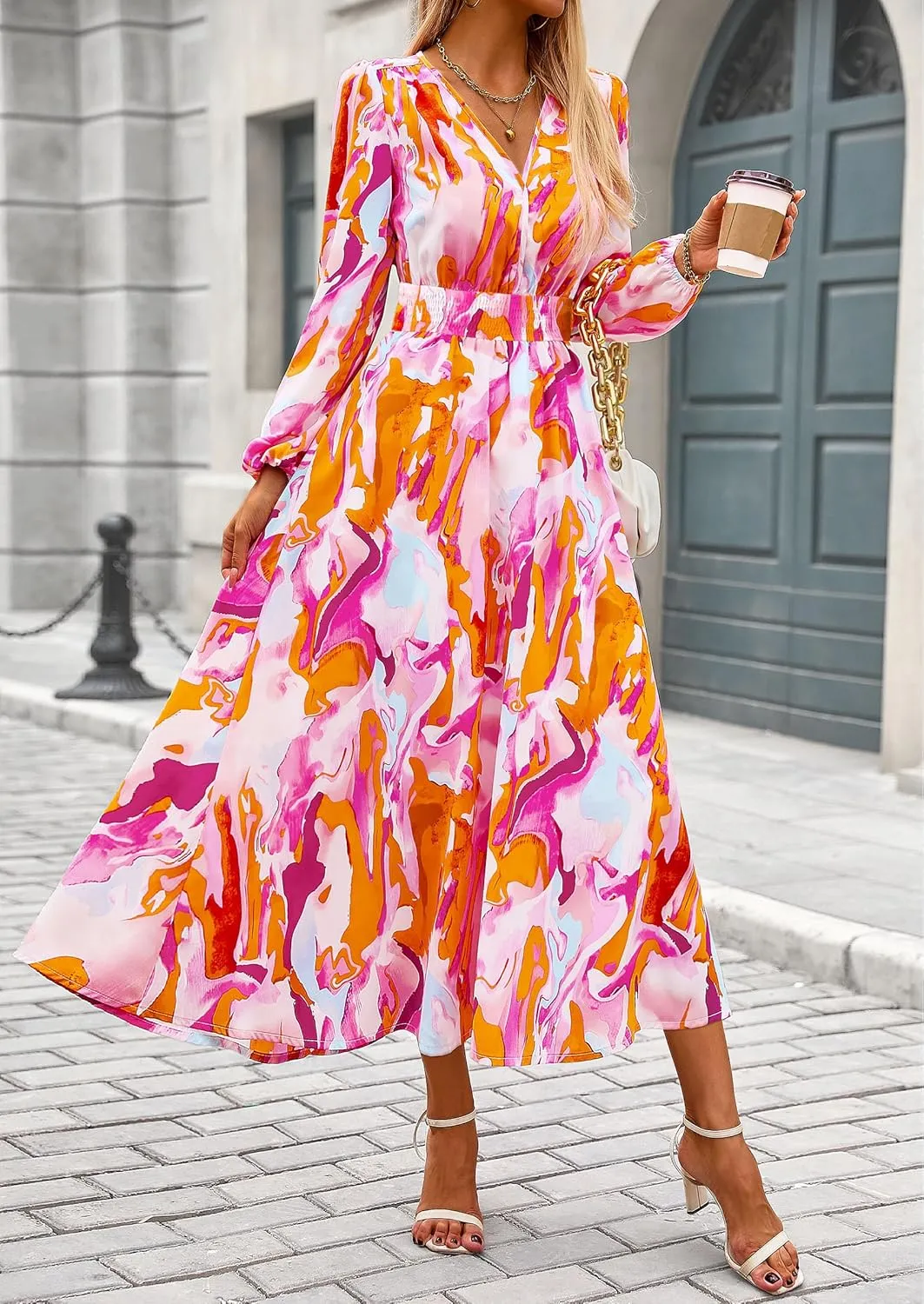 PRETTYGARDEN Women's Spring Floral Midi Dress Fall Long Sleeve V Neck Flowy Casual Beach Vacation Wedding Guest Dresses