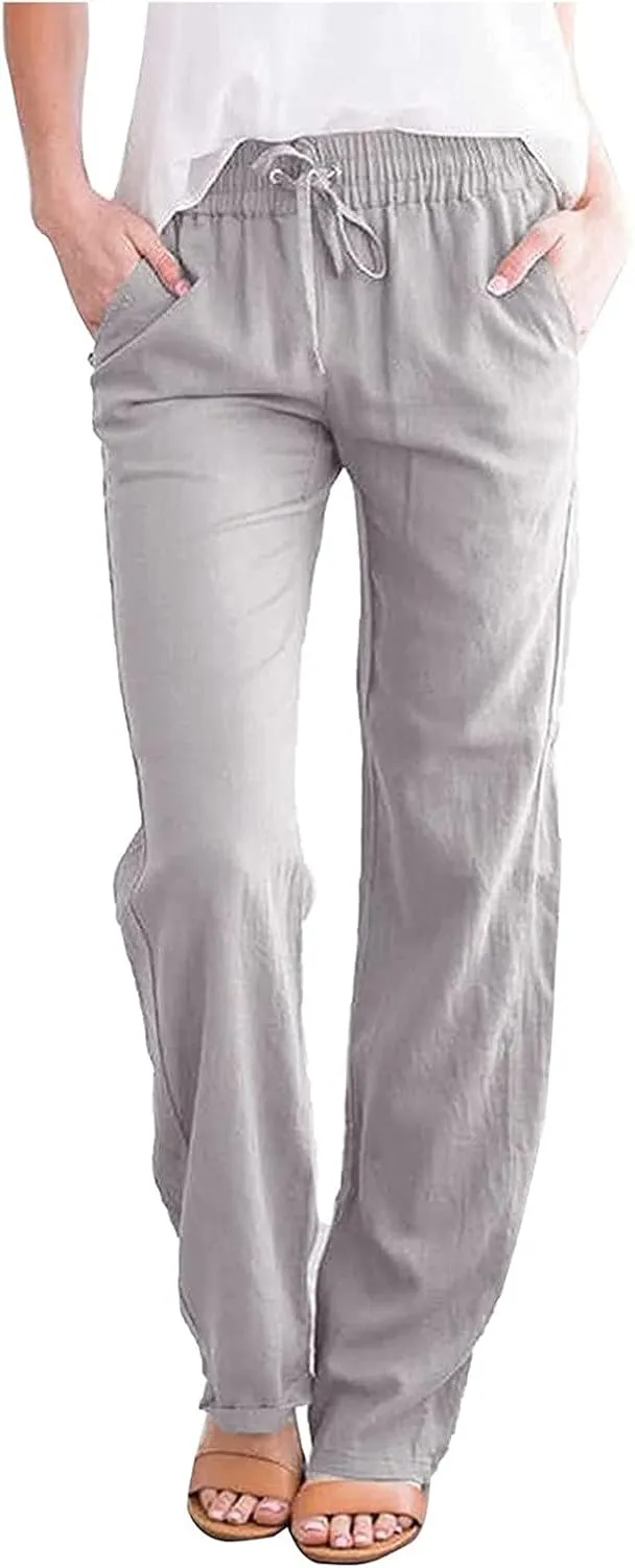 Prime Sales and Deals Today Clearance,Womens Casual Linen High Waist Pants Drawstring Loose Fit Summer Pants Trousers with Pockets