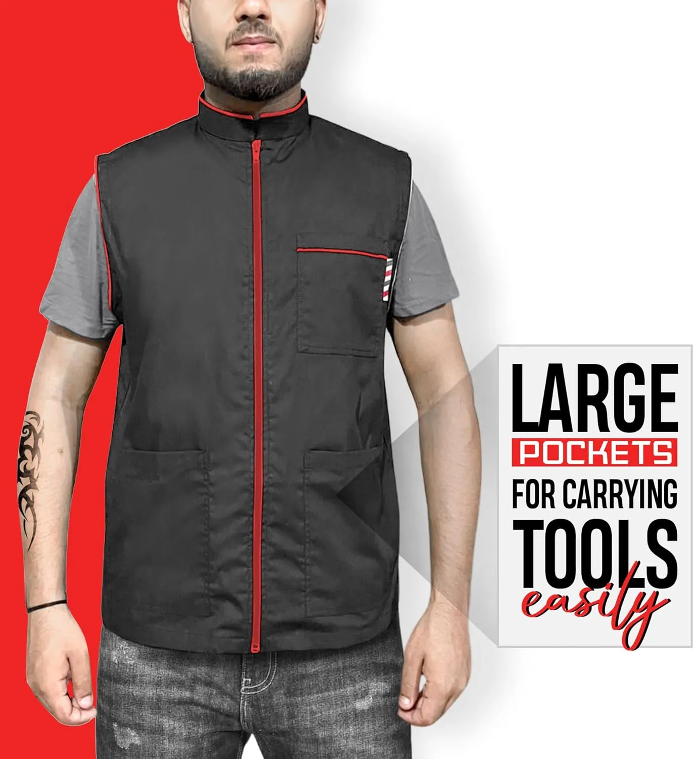 Professional Barber New Shirt Jacket Men's Black Sleeveless and Features 2 Pockets for Barber Tools And One Way Zipper