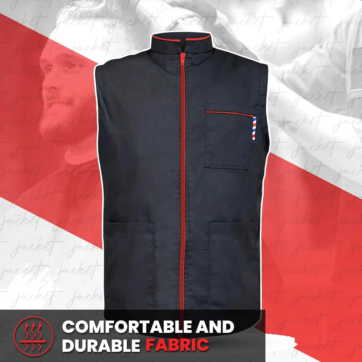 Professional Barber New Shirt Jacket Men's Black Sleeveless and Features 2 Pockets for Barber Tools And One Way Zipper