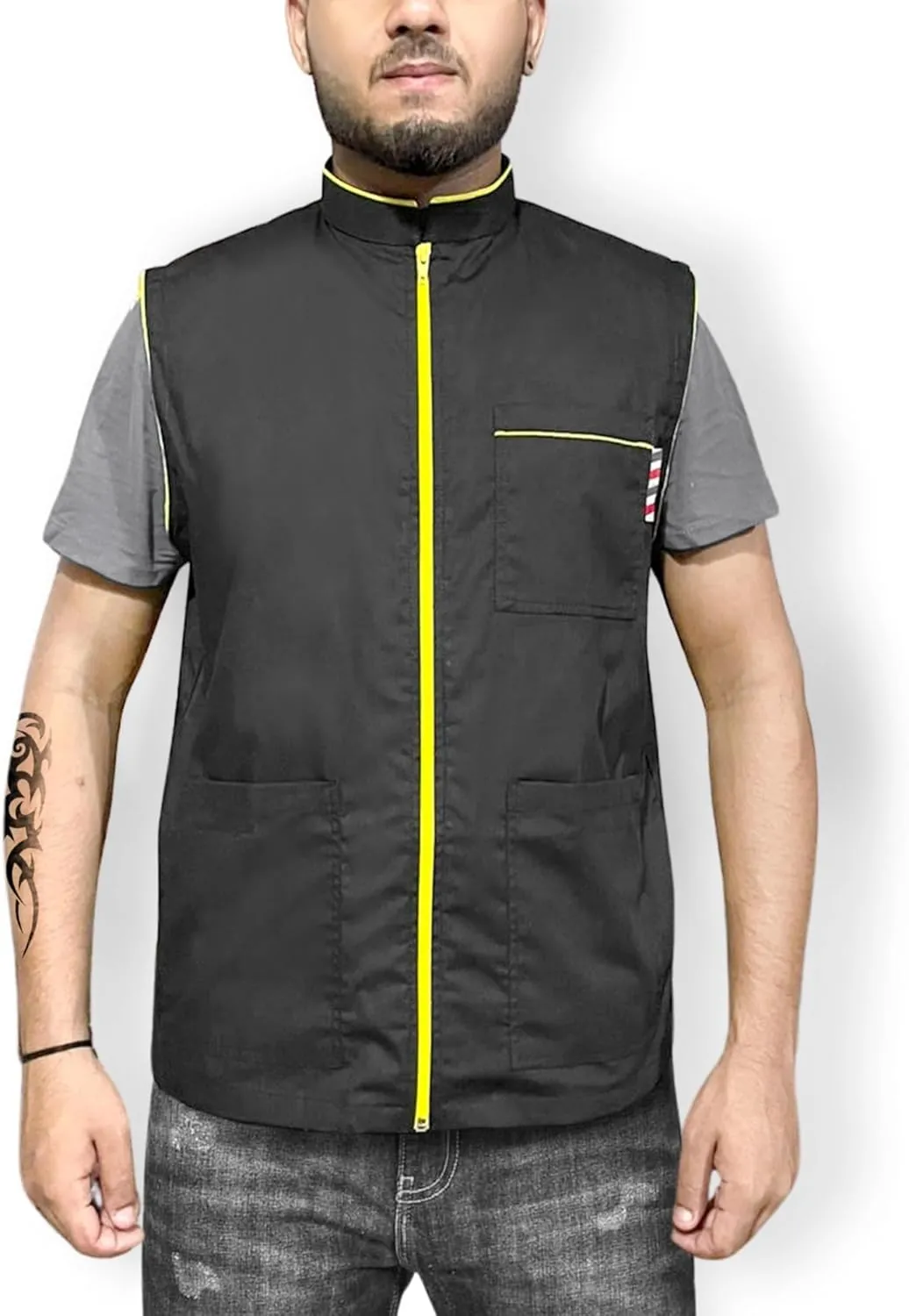 Professional Barber New Shirt Jacket Men's Black Sleeveless and Features 2 Pockets for Barber Tools And One Way Zipper