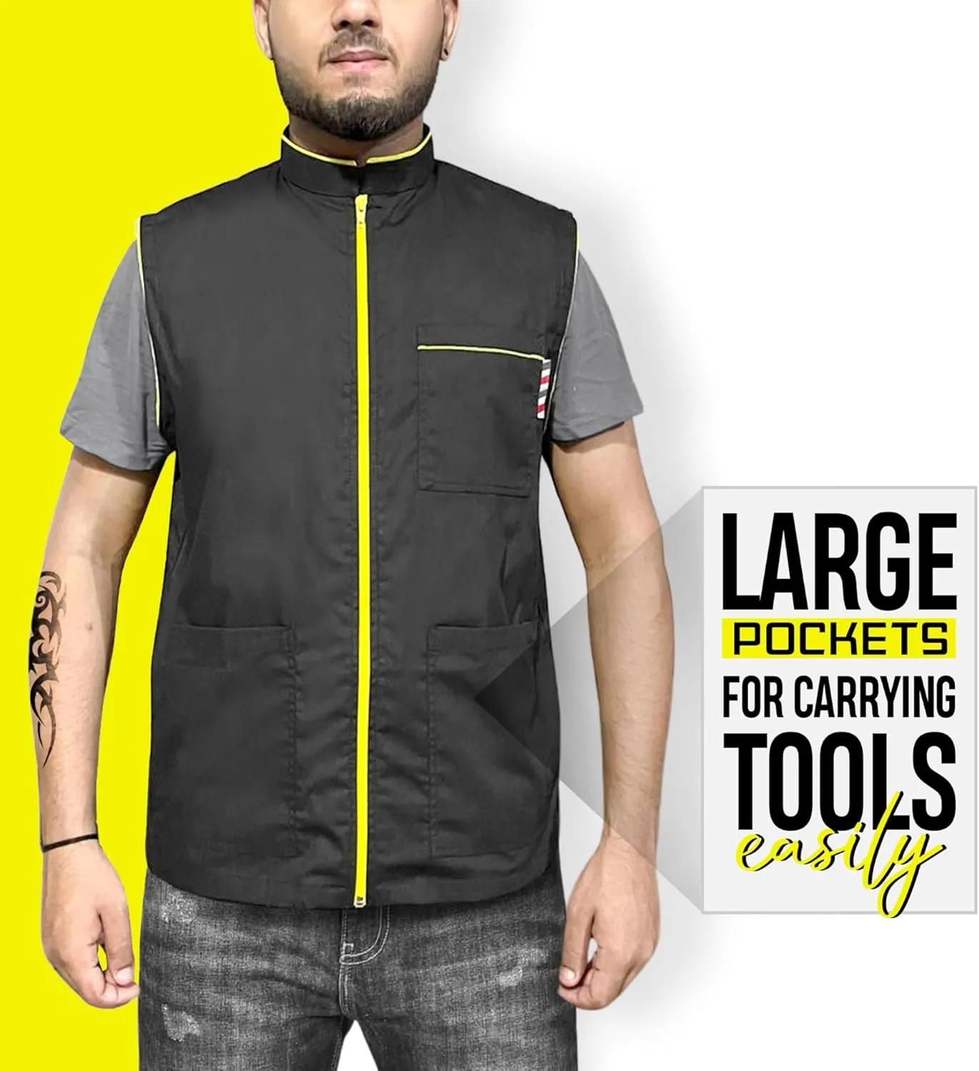 Professional Barber New Shirt Jacket Men's Black Sleeveless and Features 2 Pockets for Barber Tools And One Way Zipper