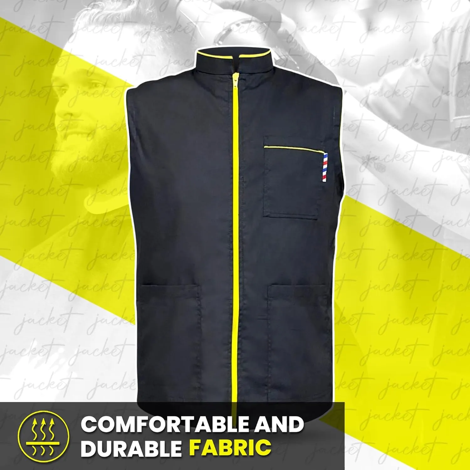 Professional Barber New Shirt Jacket Men's Black Sleeveless and Features 2 Pockets for Barber Tools And One Way Zipper