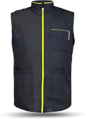 Professional Barber New Shirt Jacket Men's Black Sleeveless and Features 2 Pockets for Barber Tools And One Way Zipper