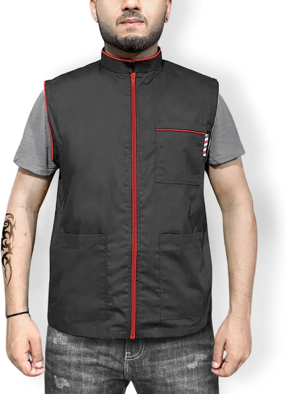 Professional Barber New Shirt Jacket Men's Black Sleeveless and Features 2 Pockets for Barber Tools And One Way Zipper