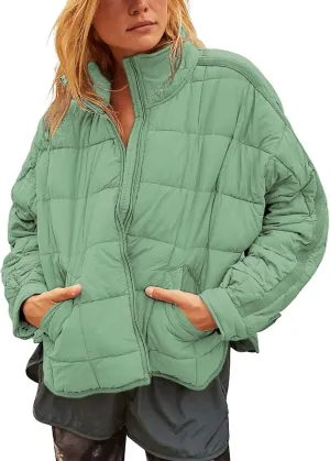 Quilted Puffer Jacket Women Lightweight Short Zip Up Padded Coat with Pockets