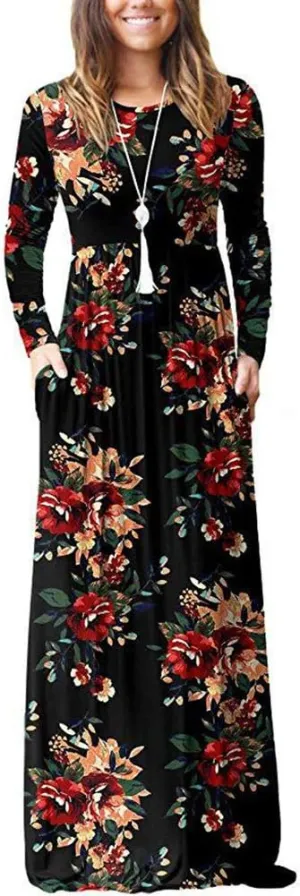 Rojeam Women's Loose Maxi Boho Dress with Pockets Long Sleeve Beach Sundress Casual Long Dresses