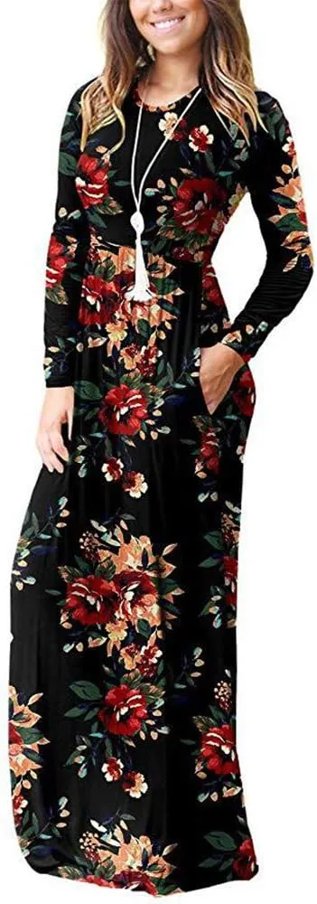 Rojeam Women's Loose Maxi Boho Dress with Pockets Long Sleeve Beach Sundress Casual Long Dresses