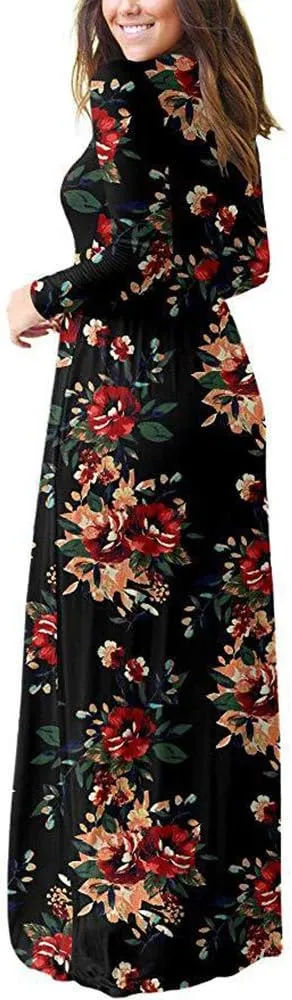 Rojeam Women's Loose Maxi Boho Dress with Pockets Long Sleeve Beach Sundress Casual Long Dresses