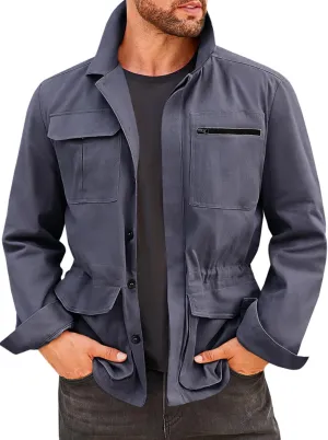 Runcati Mens Safari Jacket Military Casual Lightweight Jacket Windproof Multi Pocket Outdoor Fishing Coat