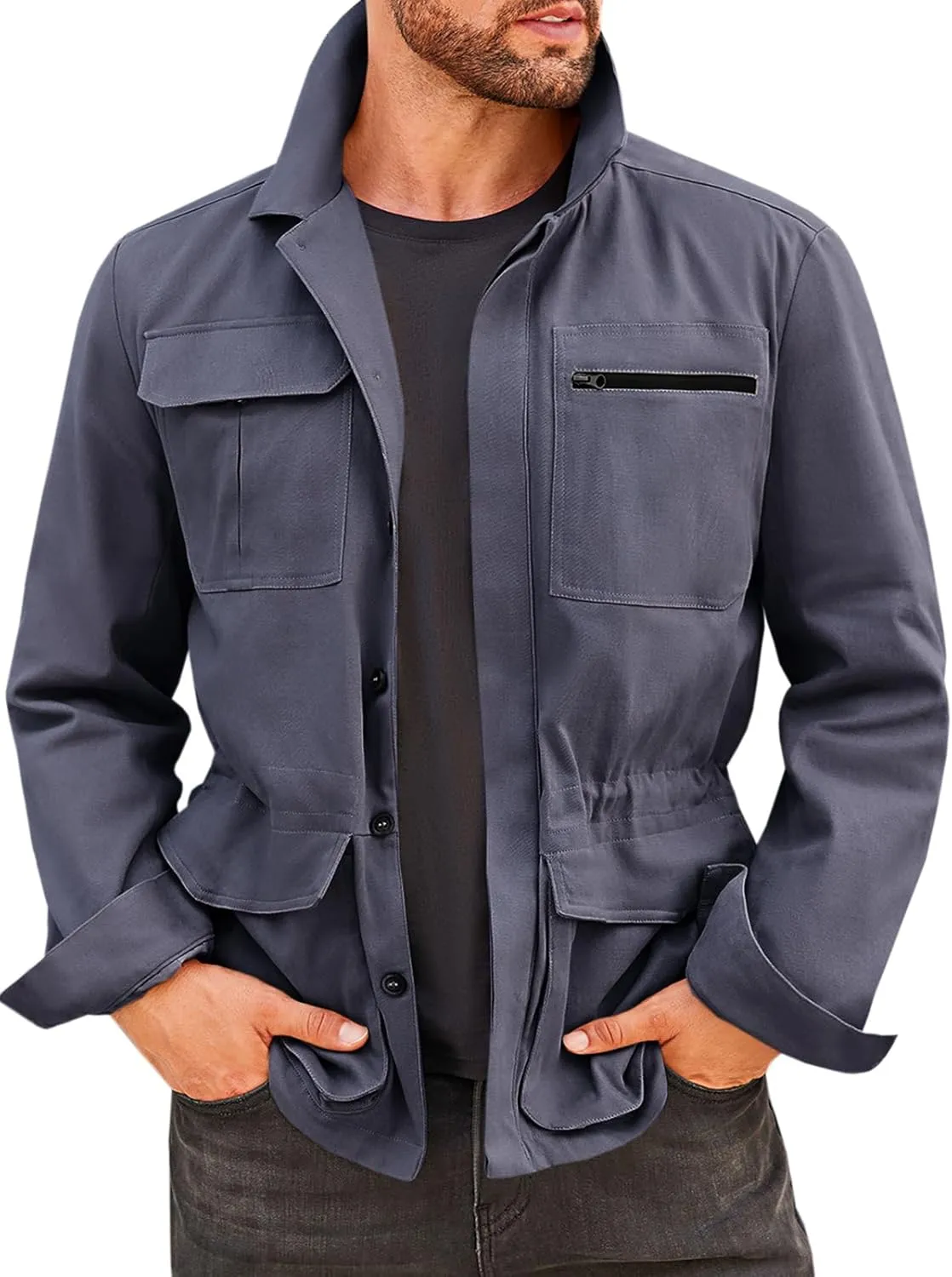 Runcati Mens Safari Jacket Military Casual Lightweight Jacket Windproof Multi Pocket Outdoor Fishing Coat