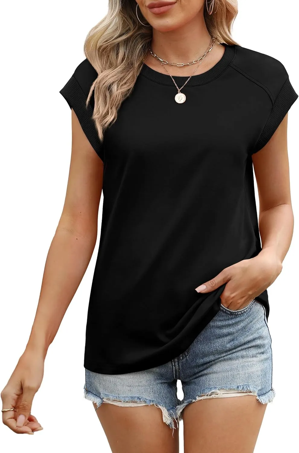 SAMPEEL Womens Tops Summer Dressy Casual Raglan Cap Sleeve T Shirts Basic Tee Shirts Trendy 2025