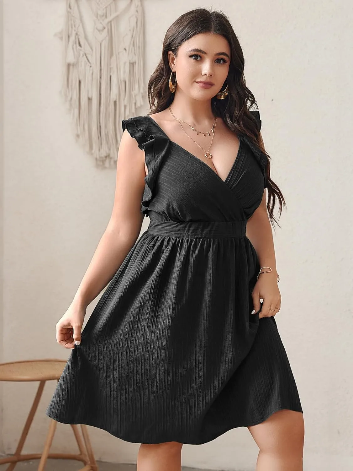 SCOMCHIC Womens Plus Size Summer Dress Ruffle Cap Sleeve V Neck Swing A Line Cocktail Party Dresses