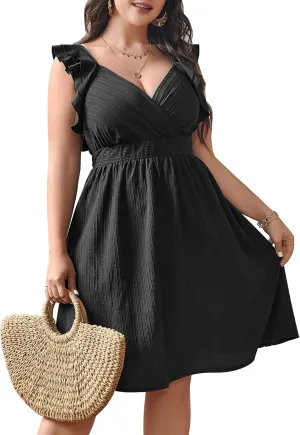 SCOMCHIC Womens Plus Size Summer Dress Ruffle Cap Sleeve V Neck Swing A Line Cocktail Party Dresses