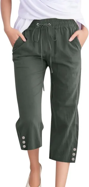 sdbrld Linen Pants for Women,Womens Casual Capris Pants High Waist Drawstring Pants Lightweight Buttons Trousers with Pockets