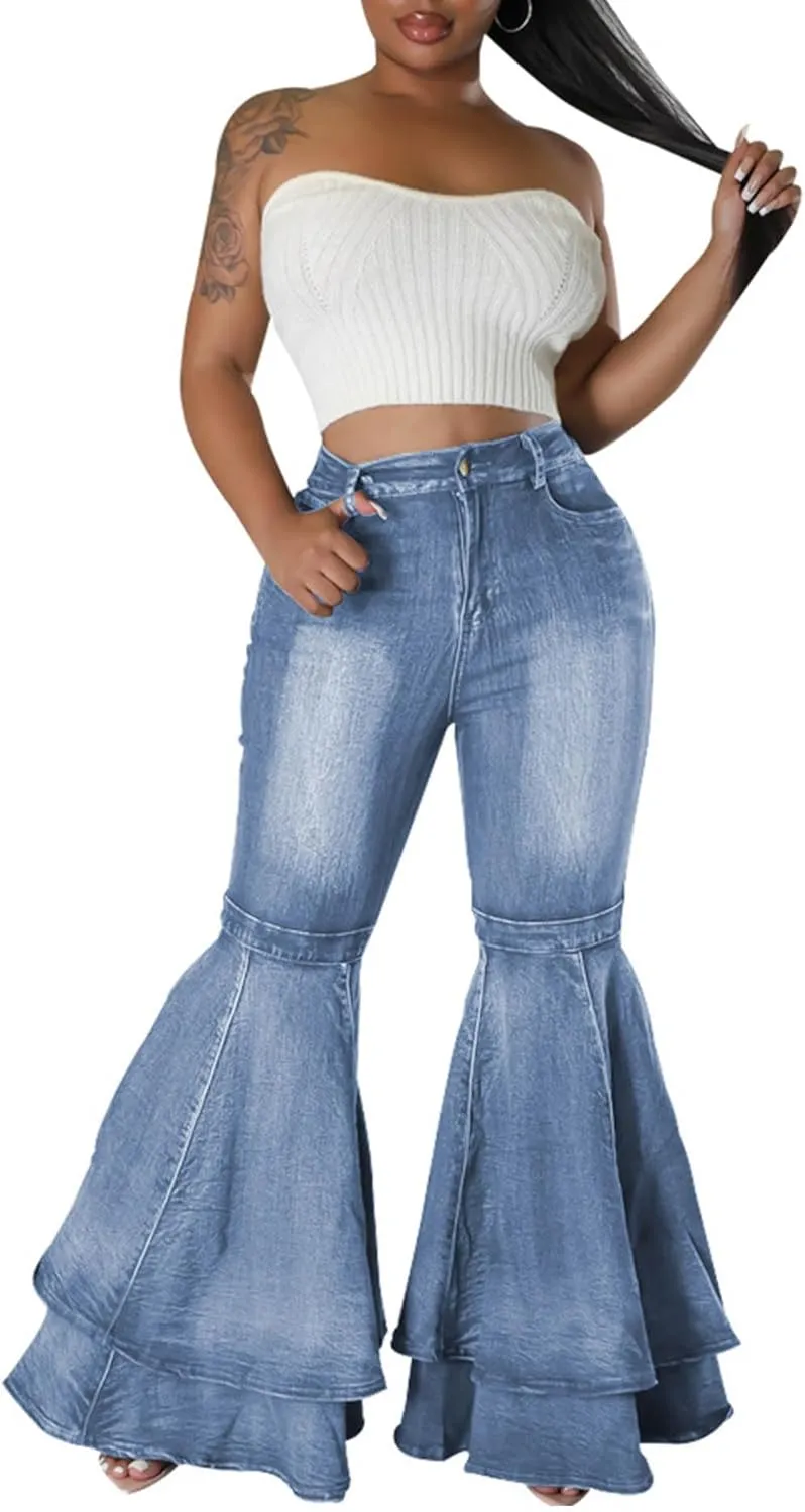 SEMATOMALA Women's Ruffle Bell Bottom Jeans Flared Leg Denim Pants High Waisted 70s Classic Retro Outfits