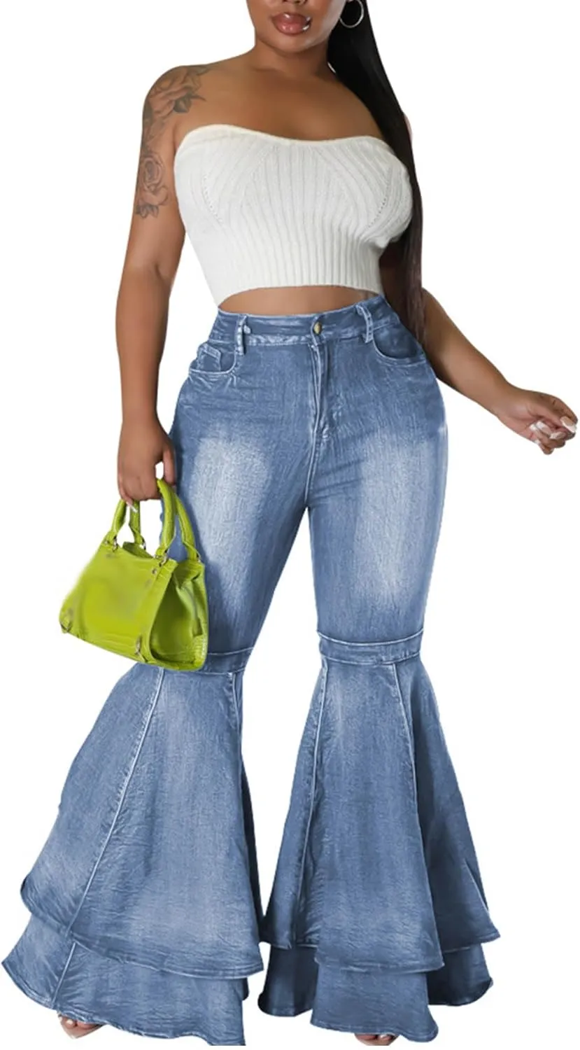 SEMATOMALA Women's Ruffle Bell Bottom Jeans Flared Leg Denim Pants High Waisted 70s Classic Retro Outfits