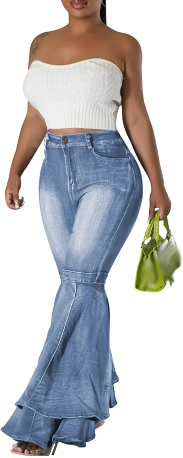 SEMATOMALA Women's Ruffle Bell Bottom Jeans Flared Leg Denim Pants High Waisted 70s Classic Retro Outfits