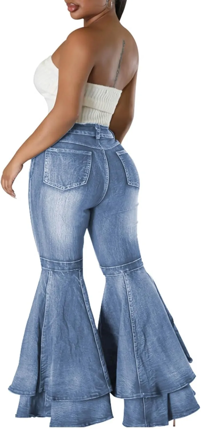 SEMATOMALA Women's Ruffle Bell Bottom Jeans Flared Leg Denim Pants High Waisted 70s Classic Retro Outfits