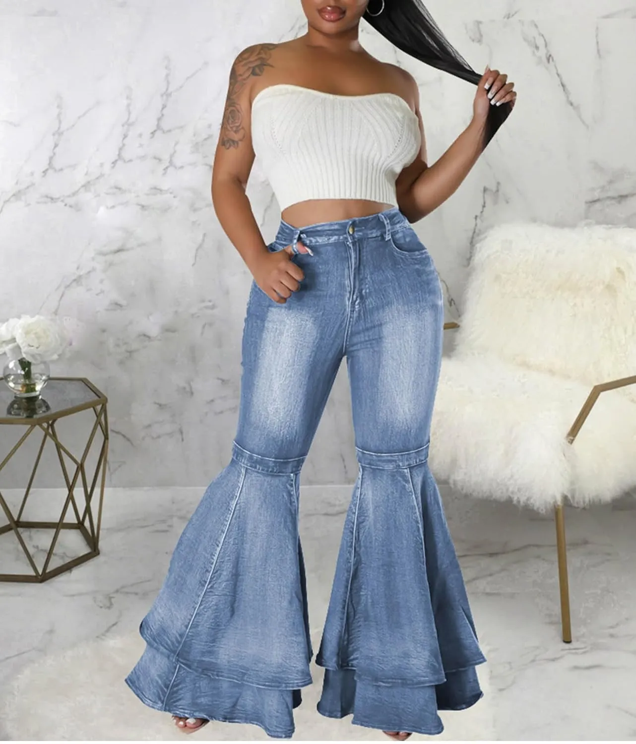 SEMATOMALA Women's Ruffle Bell Bottom Jeans Flared Leg Denim Pants High Waisted 70s Classic Retro Outfits