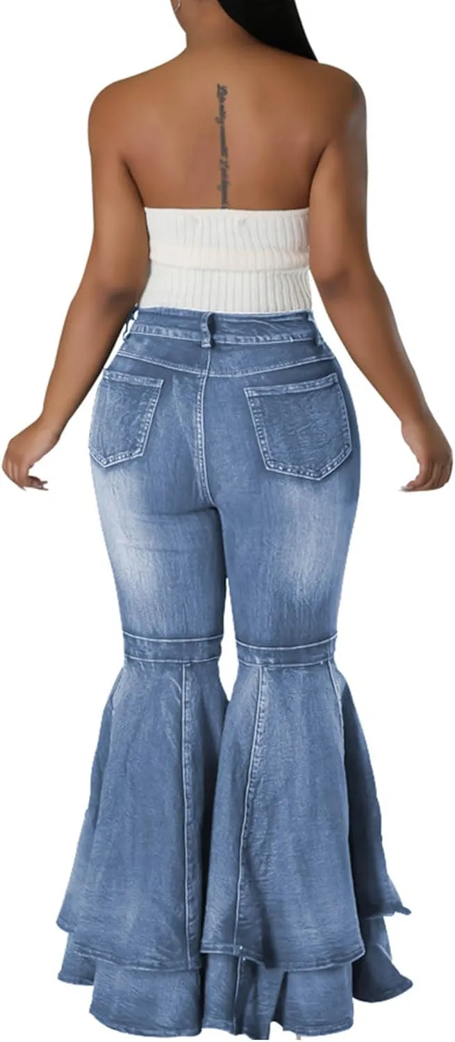 SEMATOMALA Women's Ruffle Bell Bottom Jeans Flared Leg Denim Pants High Waisted 70s Classic Retro Outfits
