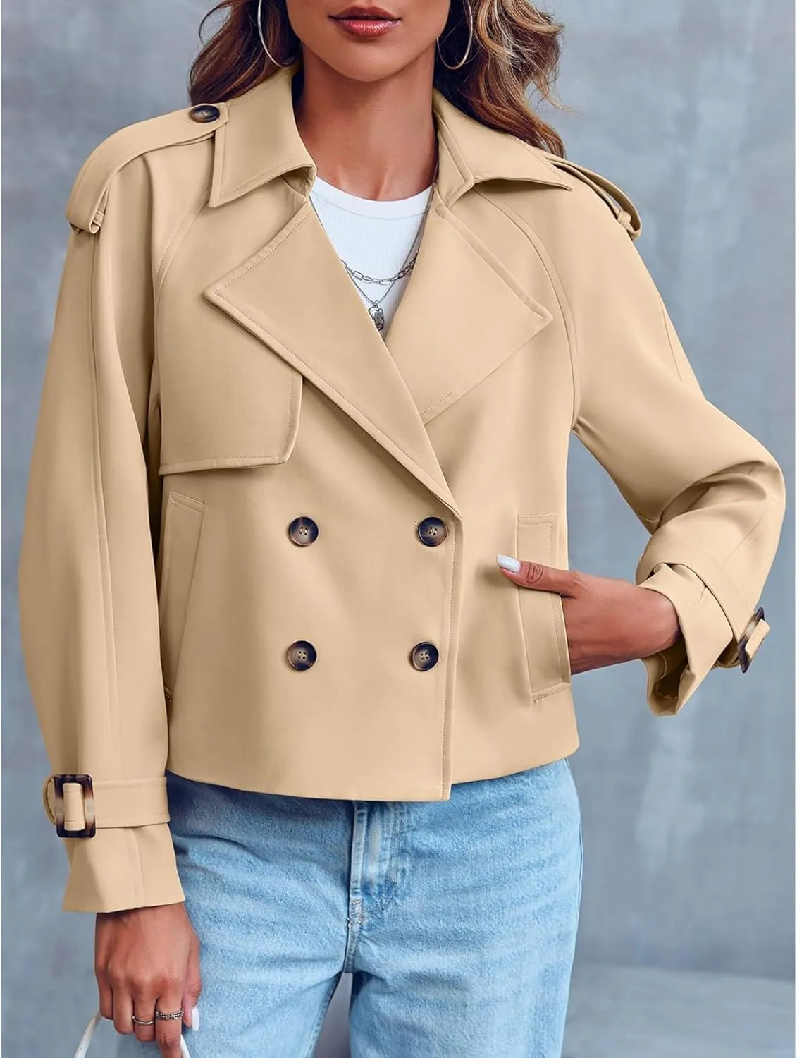 SEMATOMALA Women's Short Trench Coat Black Double Breasted Notched Lapel Jacket Khaki Casual Work Office Outerwear
