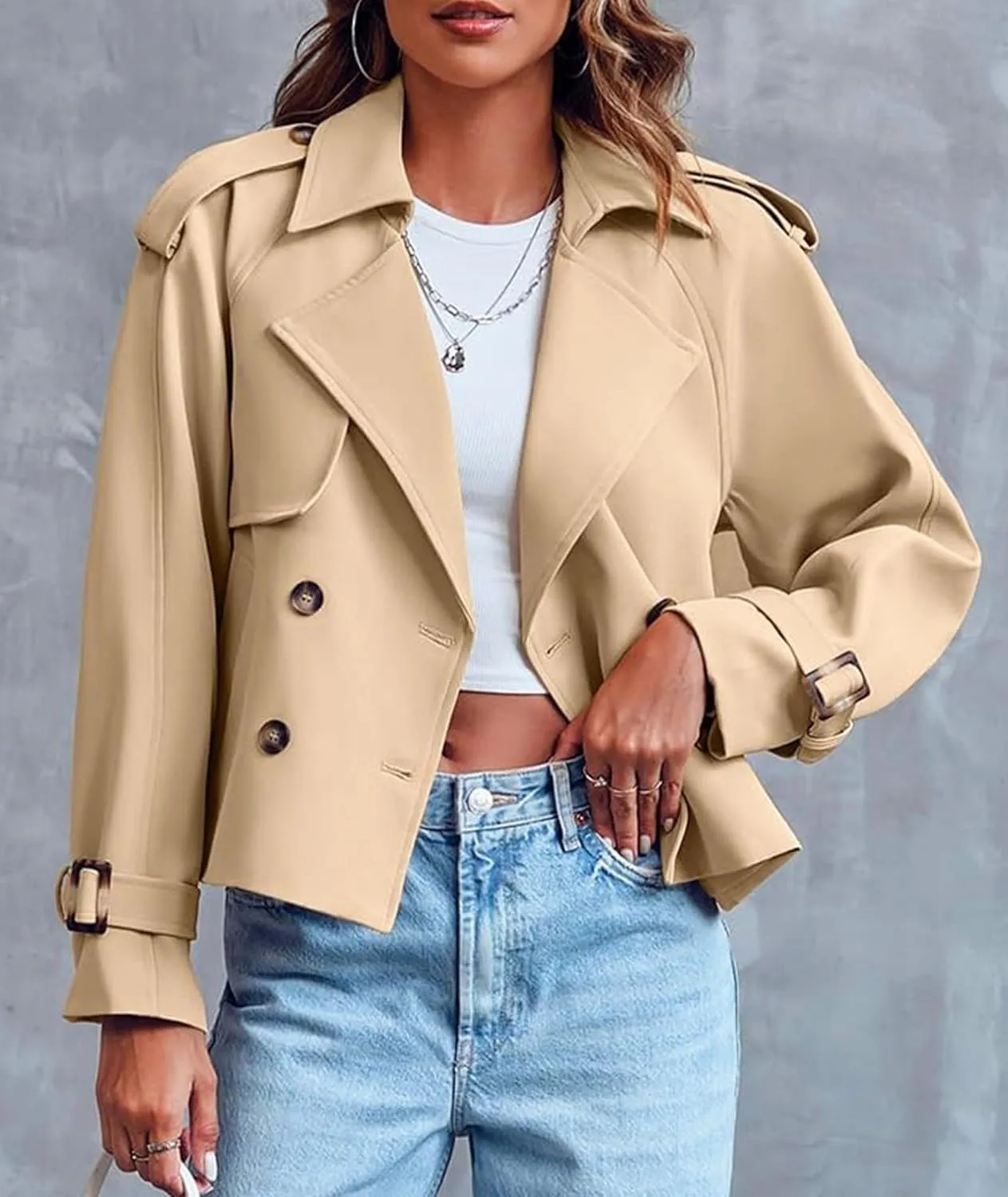 SEMATOMALA Women's Short Trench Coat Black Double Breasted Notched Lapel Jacket Khaki Casual Work Office Outerwear