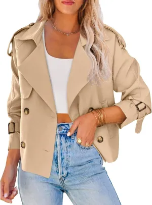 SEMATOMALA Women's Short Trench Coat Black Double Breasted Notched Lapel Jacket Khaki Casual Work Office Outerwear
