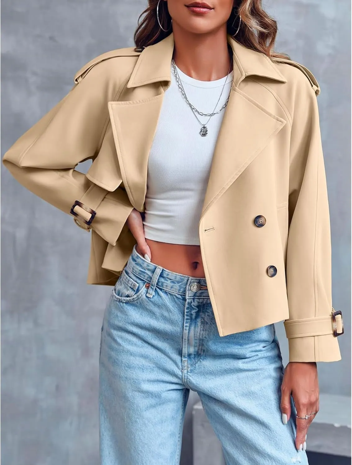 SEMATOMALA Women's Short Trench Coat Black Double Breasted Notched Lapel Jacket Khaki Casual Work Office Outerwear