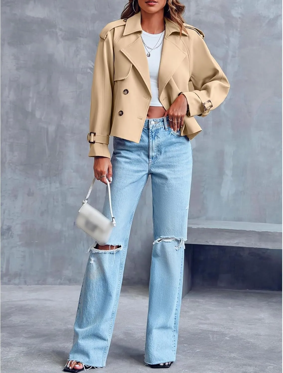 SEMATOMALA Women's Short Trench Coat Black Double Breasted Notched Lapel Jacket Khaki Casual Work Office Outerwear
