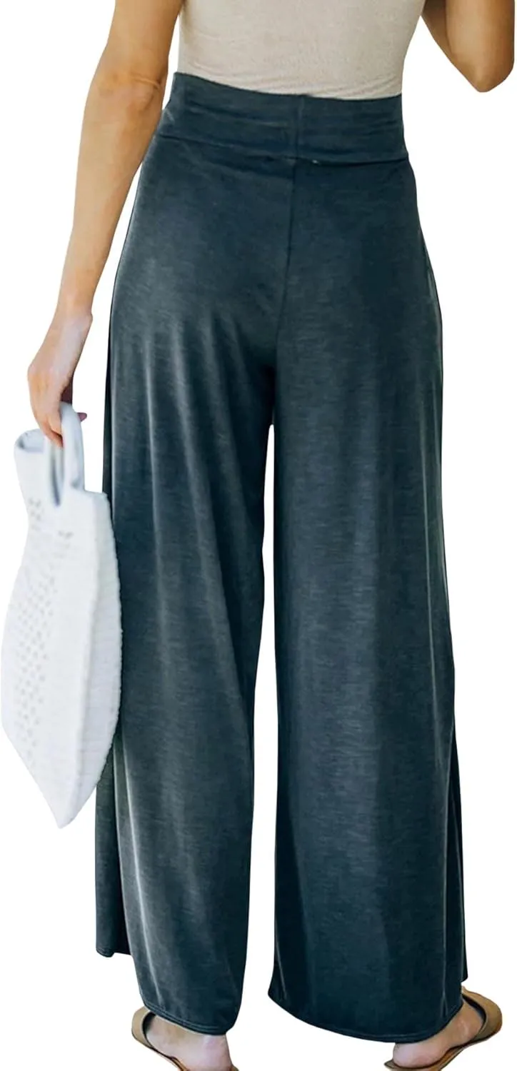 SEMATOMALA Women's Tie Knot High Waist Split Palazzo Pants Wide Leg Flowy Boho Plain Yoga Lounge Beach Vacation Trousers