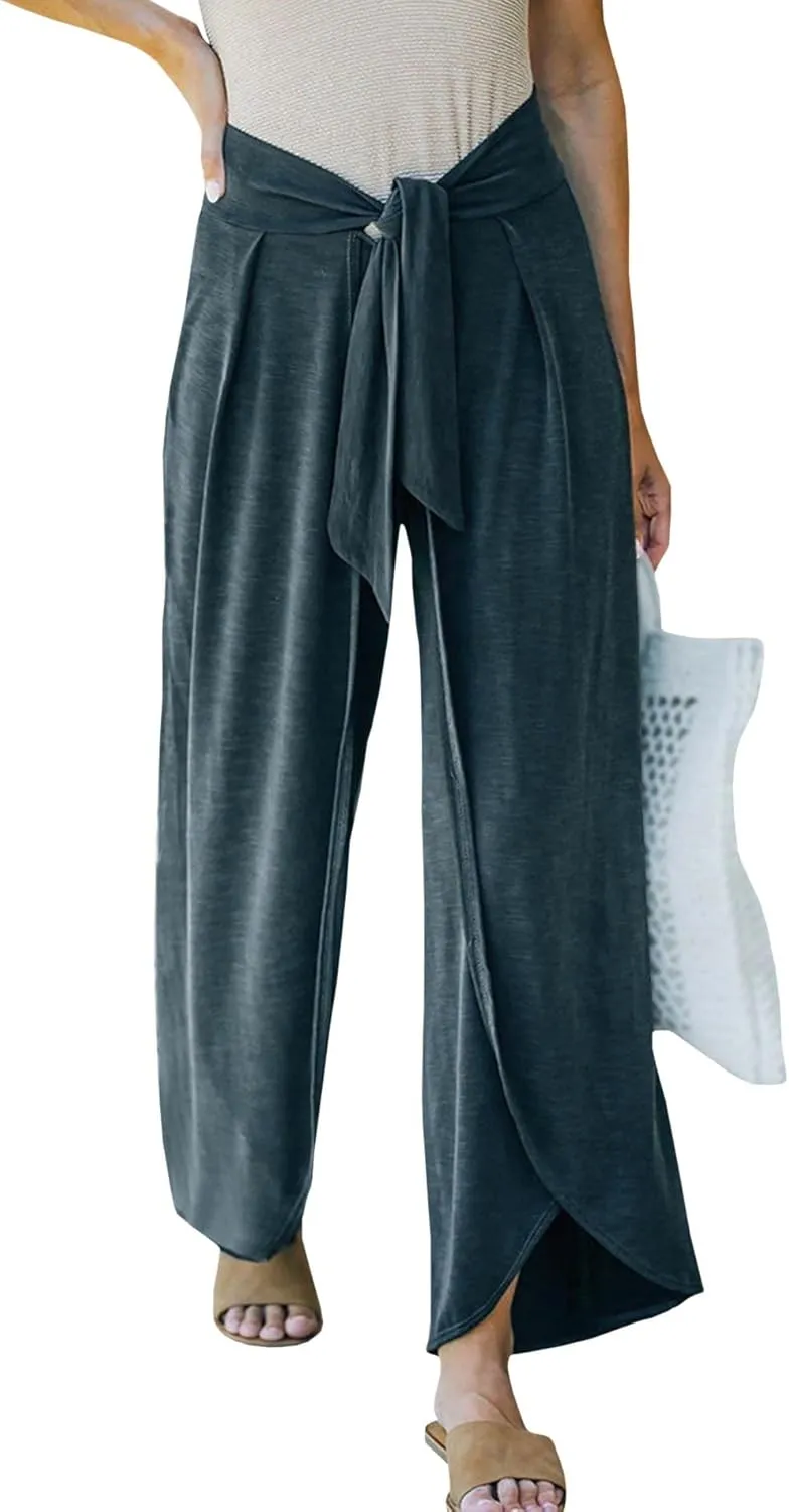SEMATOMALA Women's Tie Knot High Waist Split Palazzo Pants Wide Leg Flowy Boho Plain Yoga Lounge Beach Vacation Trousers