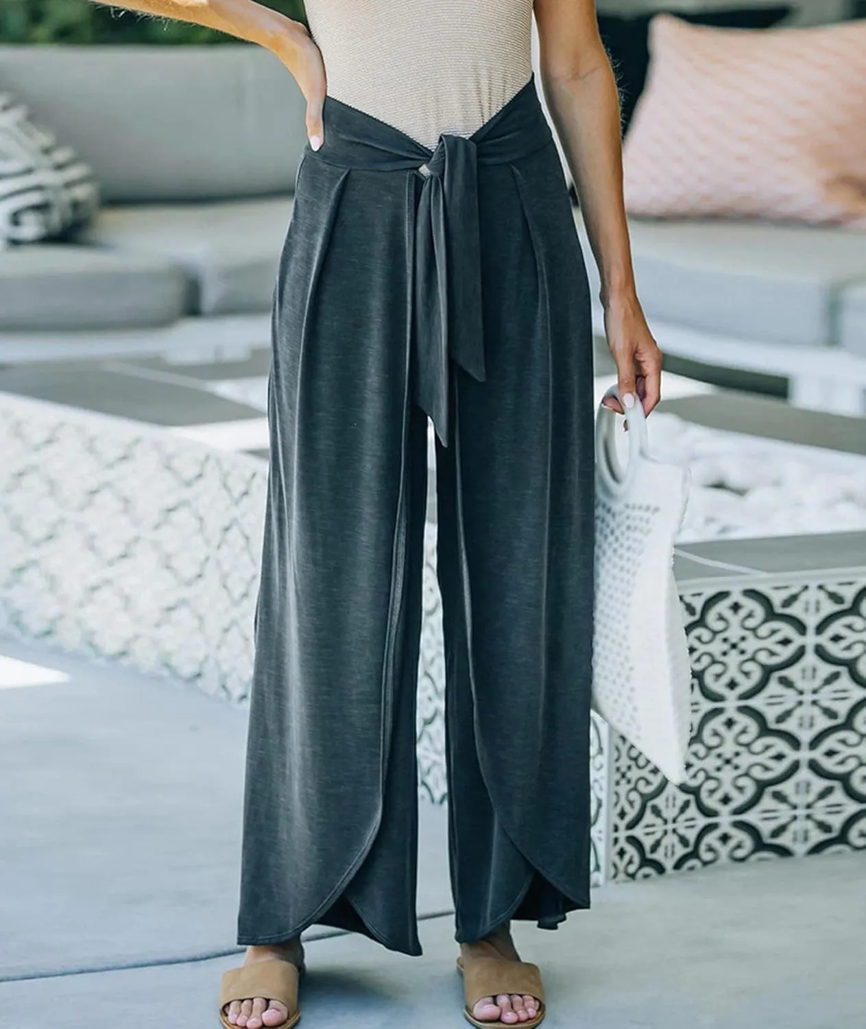 SEMATOMALA Women's Tie Knot High Waist Split Palazzo Pants Wide Leg Flowy Boho Plain Yoga Lounge Beach Vacation Trousers