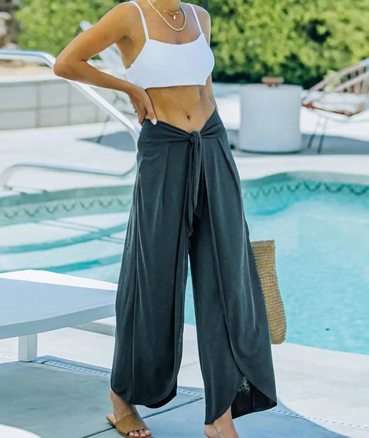 SEMATOMALA Women's Tie Knot High Waist Split Palazzo Pants Wide Leg Flowy Boho Plain Yoga Lounge Beach Vacation Trousers