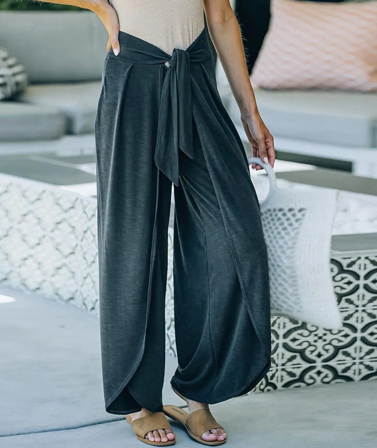SEMATOMALA Women's Tie Knot High Waist Split Palazzo Pants Wide Leg Flowy Boho Plain Yoga Lounge Beach Vacation Trousers