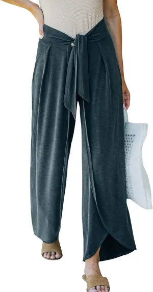 SEMATOMALA Women's Tie Knot High Waist Split Palazzo Pants Wide Leg Flowy Boho Plain Yoga Lounge Beach Vacation Trousers
