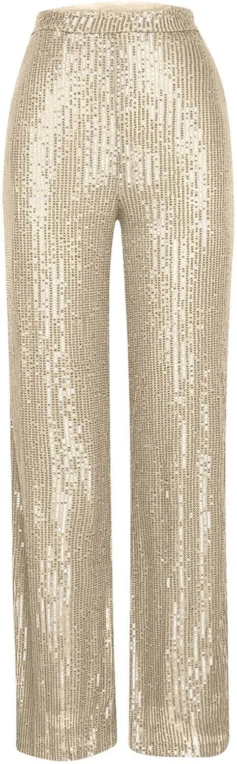 Sequin Pants for Women 2023 High Waist Bell Bottoms Glitter Wide Leg Palazzo Pants Night Club Sparkle Flared Trousers