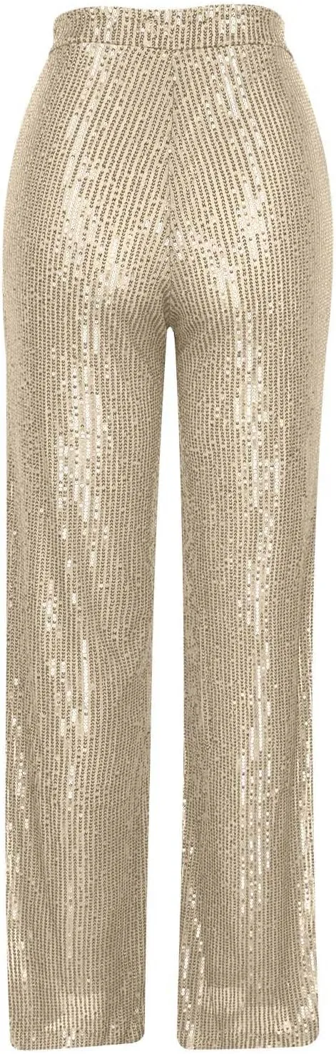 Sequin Pants for Women 2023 High Waist Bell Bottoms Glitter Wide Leg Palazzo Pants Night Club Sparkle Flared Trousers