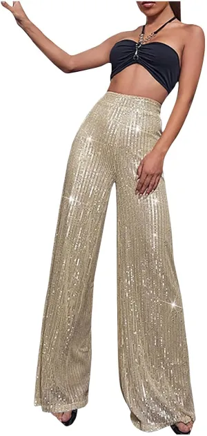 Sequin Pants for Women 2023 High Waist Bell Bottoms Glitter Wide Leg Palazzo Pants Night Club Sparkle Flared Trousers