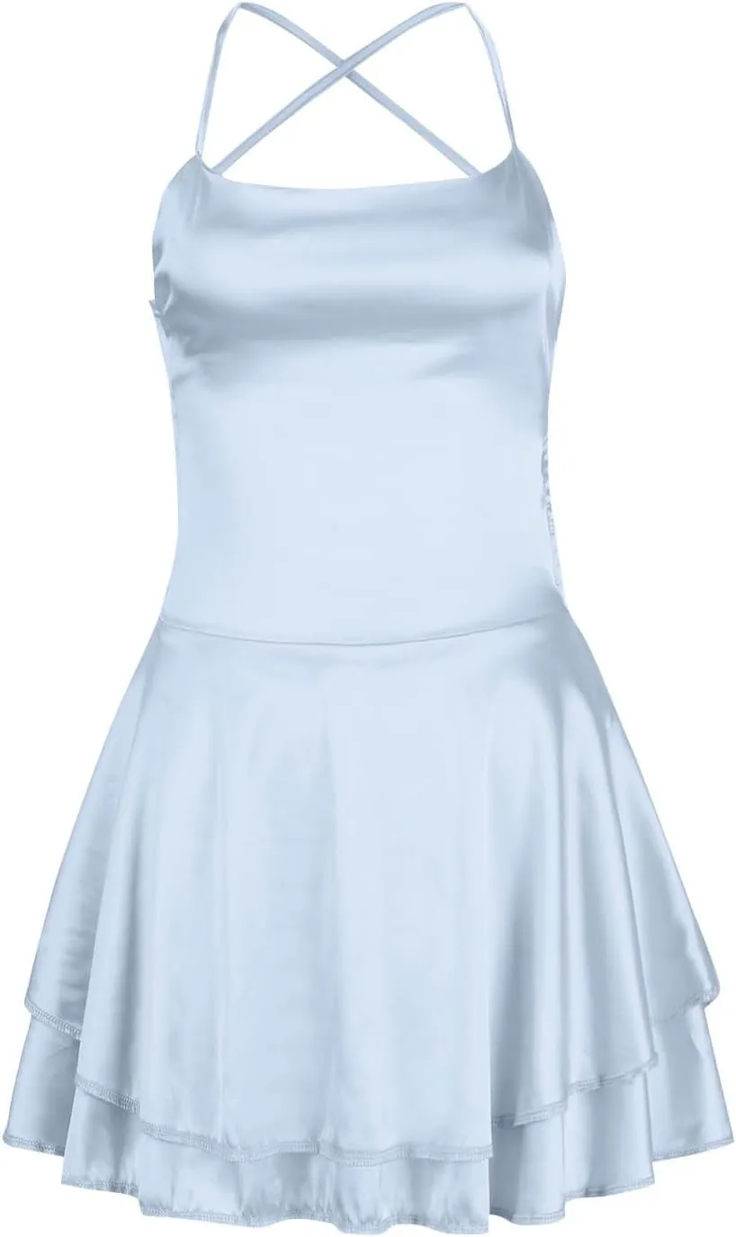 Sexy Backless Dresses for Women Spaghett Cowl Neck Ruffle Layer Satin Mini Dress Silk Sleeveless Flowy Cami Dress