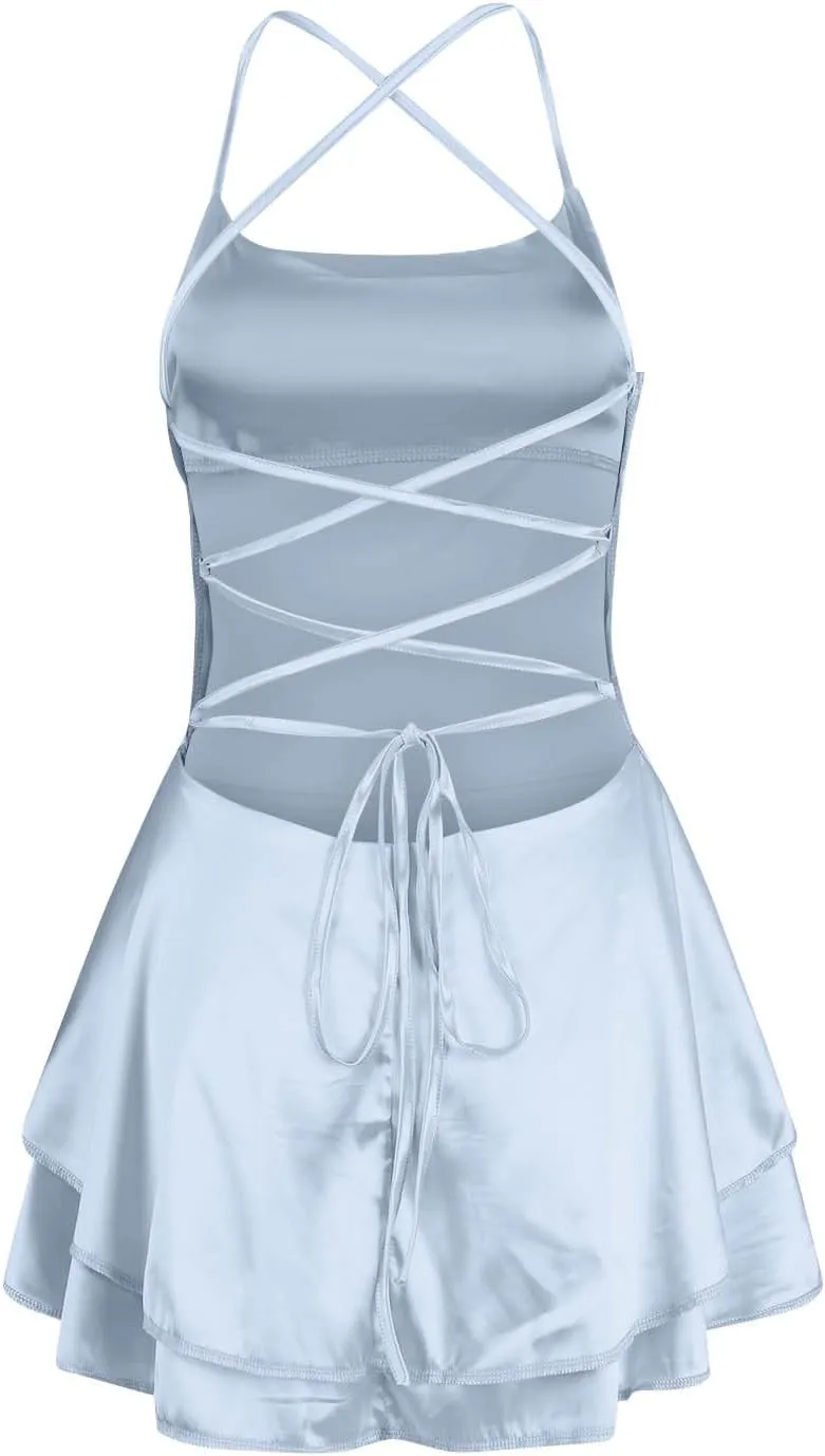 Sexy Backless Dresses for Women Spaghett Cowl Neck Ruffle Layer Satin Mini Dress Silk Sleeveless Flowy Cami Dress