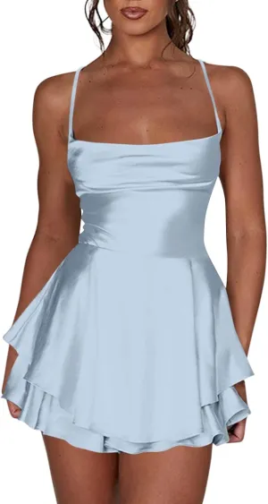 Sexy Backless Dresses for Women Spaghett Cowl Neck Ruffle Layer Satin Mini Dress Silk Sleeveless Flowy Cami Dress