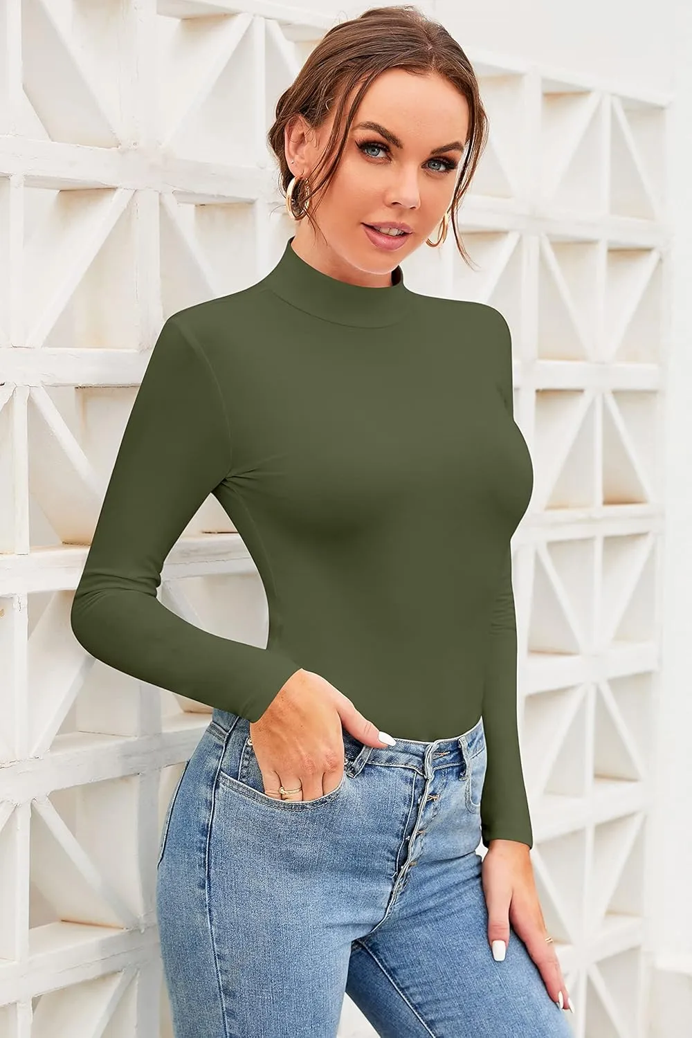SHEIUGU Womens Long Sleeve Sleeveless Mock Turtle Neck Tops Basic Stretchy Fitted Underwear Layer Tee Shirts