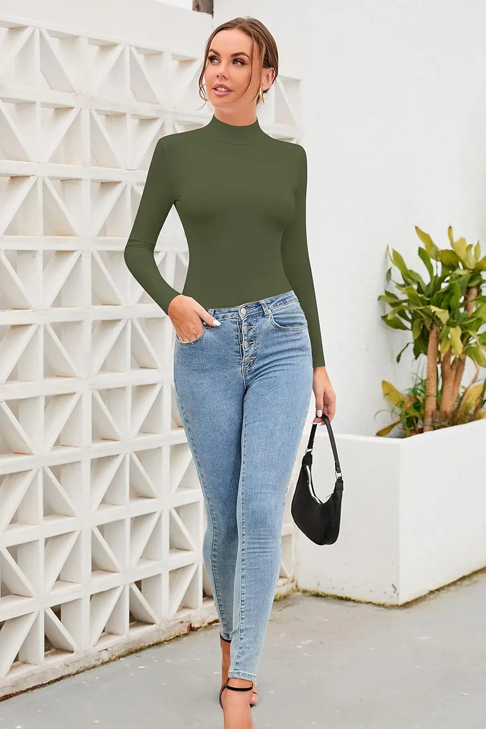SHEIUGU Womens Long Sleeve Sleeveless Mock Turtle Neck Tops Basic Stretchy Fitted Underwear Layer Tee Shirts