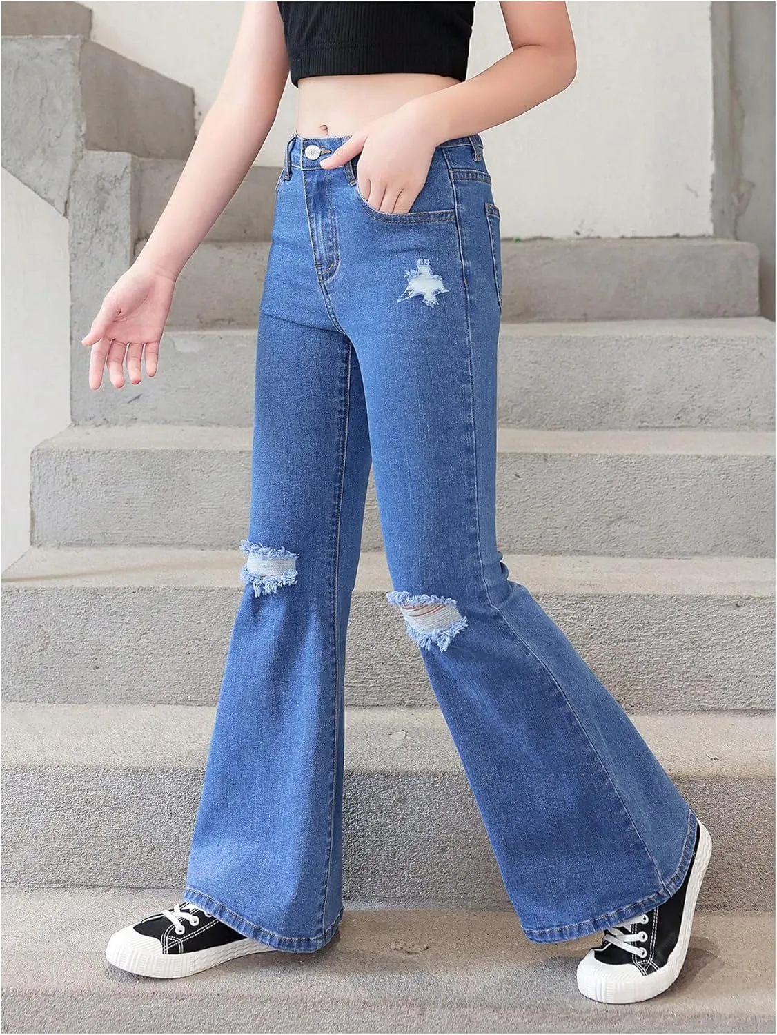 SHENHE Girl's High Waisted Flare Leg Jeans Split Raw Hem Denim Pants with Pockets