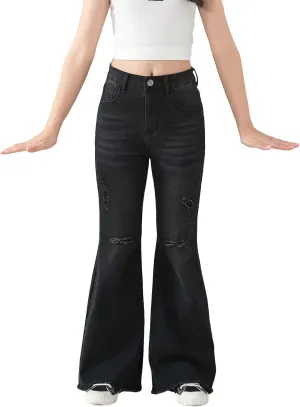 SHENHE Girl's High Waisted Flare Leg Jeans Split Raw Hem Denim Pants with Pockets