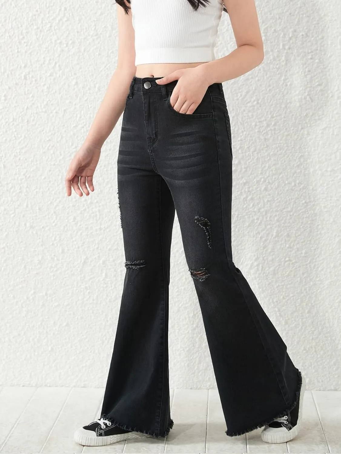 SHENHE Girl's High Waisted Flare Leg Jeans Split Raw Hem Denim Pants with Pockets