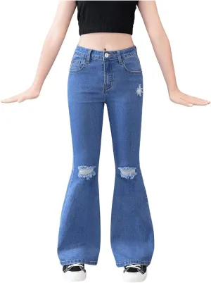 SHENHE Girl's High Waisted Flare Leg Jeans Split Raw Hem Denim Pants with Pockets