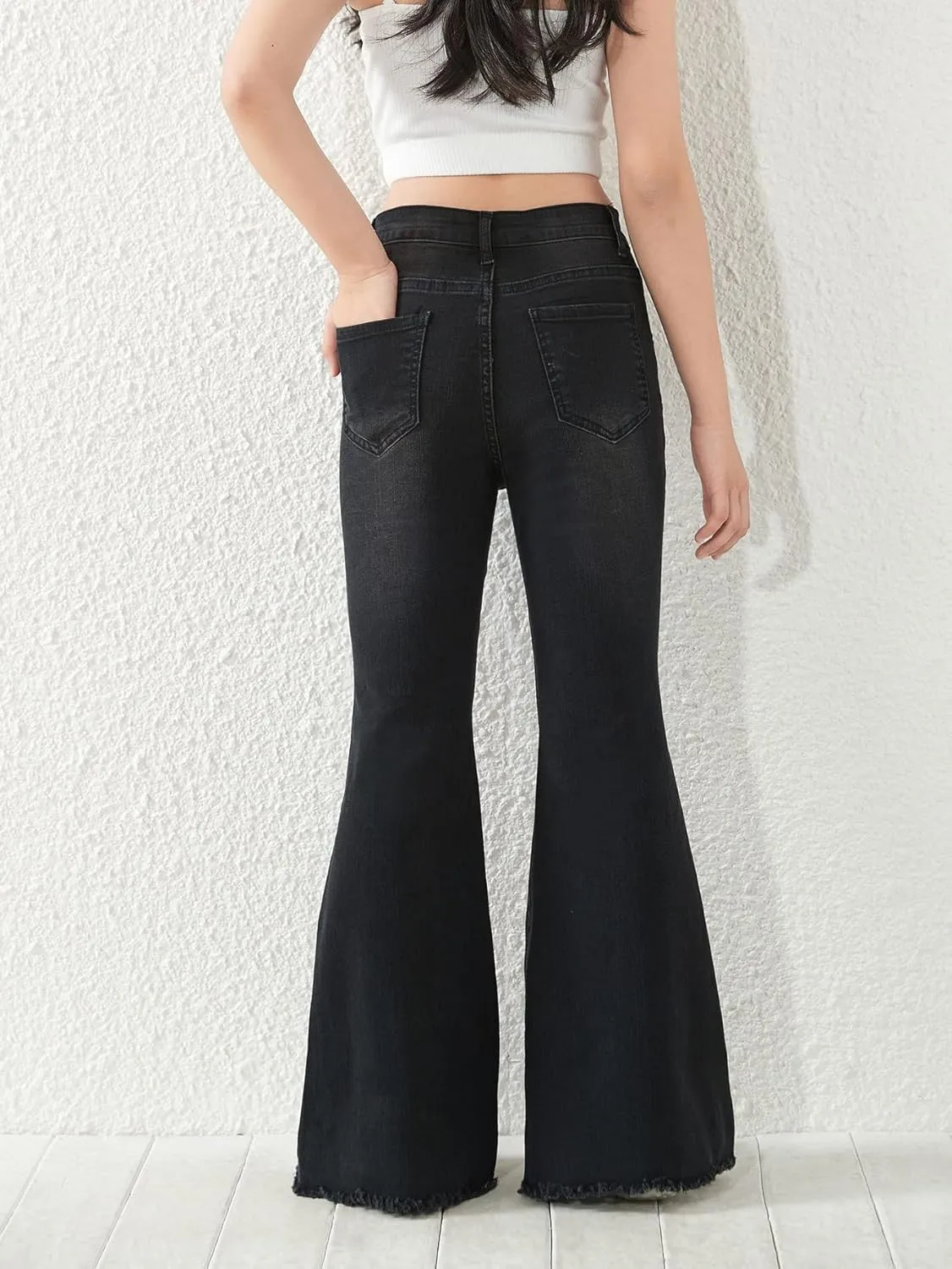 SHENHE Girl's High Waisted Flare Leg Jeans Split Raw Hem Denim Pants with Pockets